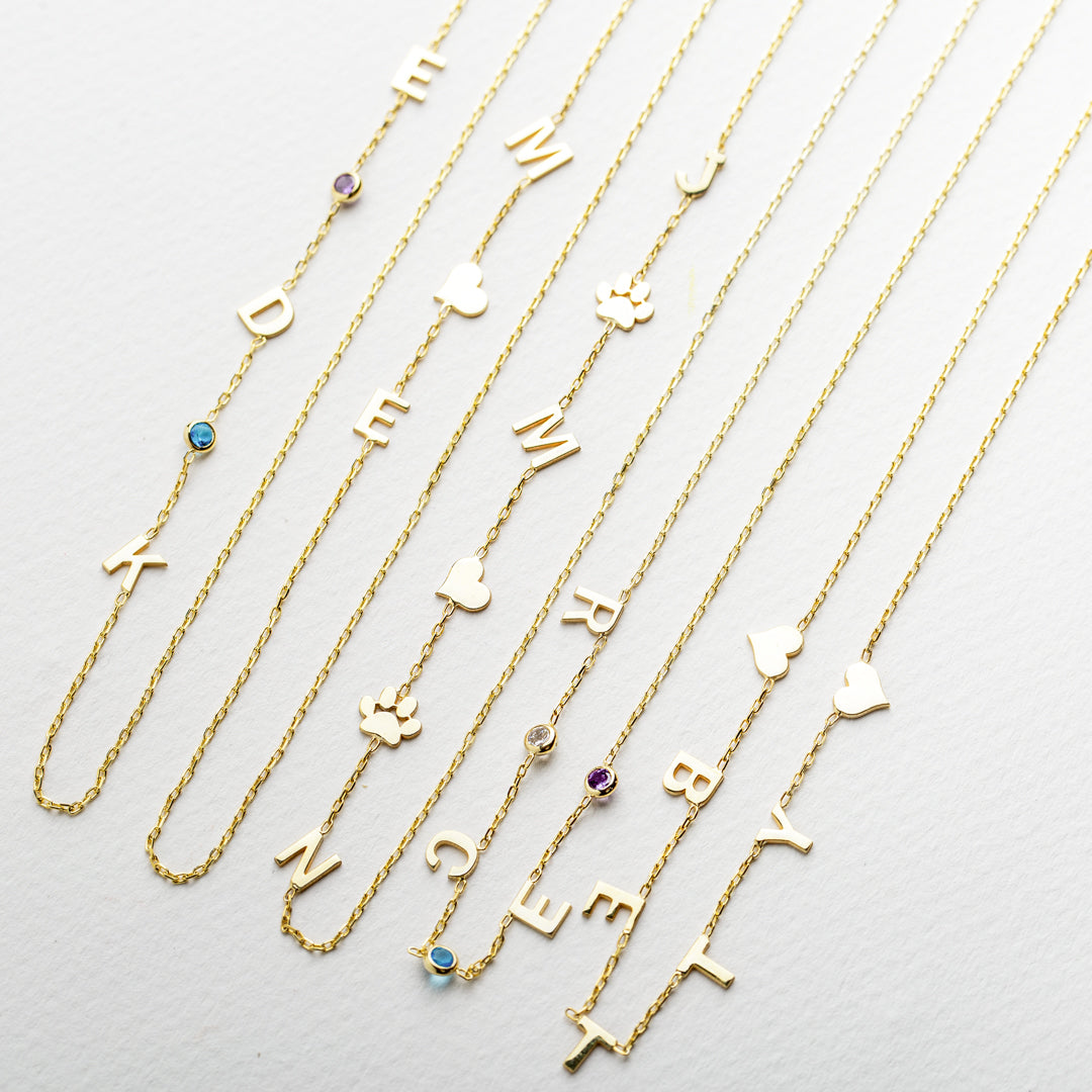 14K Solid Gold Sideways Paw Initial Custom Necklace