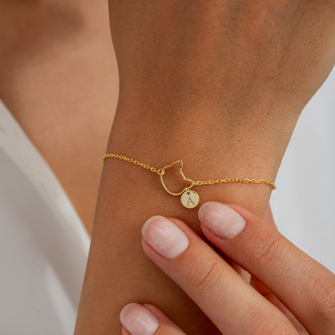 Cat face initial bracelet mothers day gift