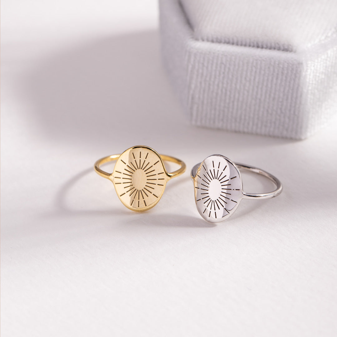 Engraved Sunburst Ring Signet Gold Silver