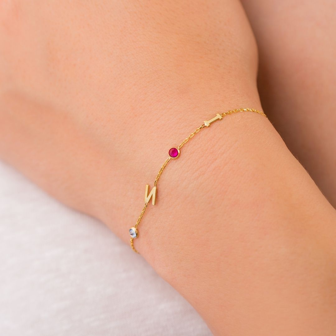 CuteBirthstoneandLetterBraceletDaintyChristmasGiftforher Valentine's day gift Mother's Day Gift Mom Gift Mama Gift