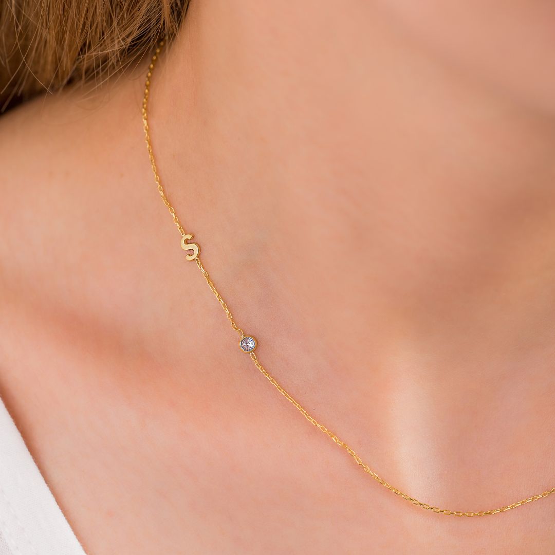 14K Solid Gold Sideways Birthstone & Letter Custom Necklace 