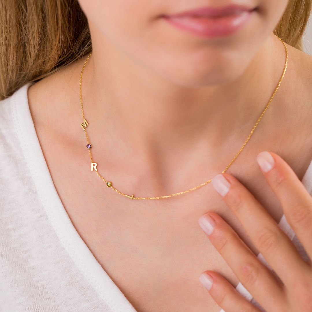 14K Solid Gold Sideways Birthstone & Letter Custom Necklace 