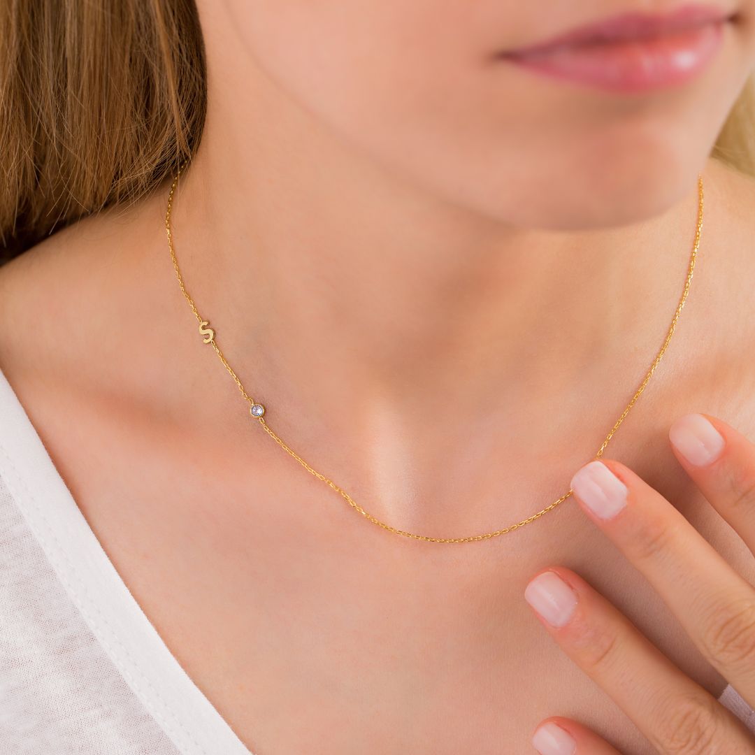 14K Solid Gold Sideways Birthstone & Letter Custom Necklace 