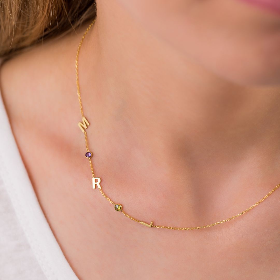 14K Solid Gold Sideways Birthstone & Letter Custom Necklace 