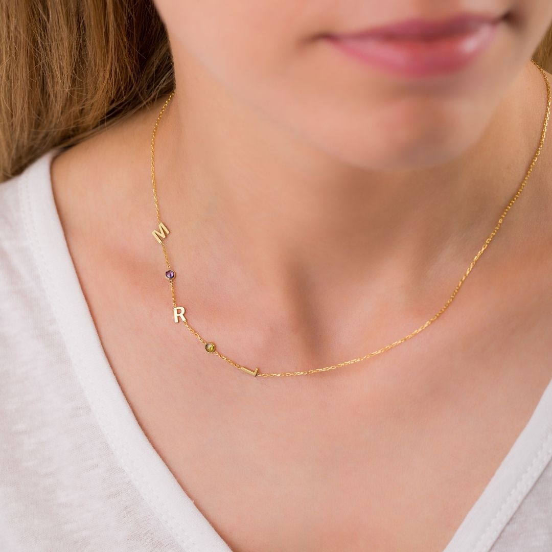 14K Solid Gold Sideways Birthstone & Letter Custom Necklace 