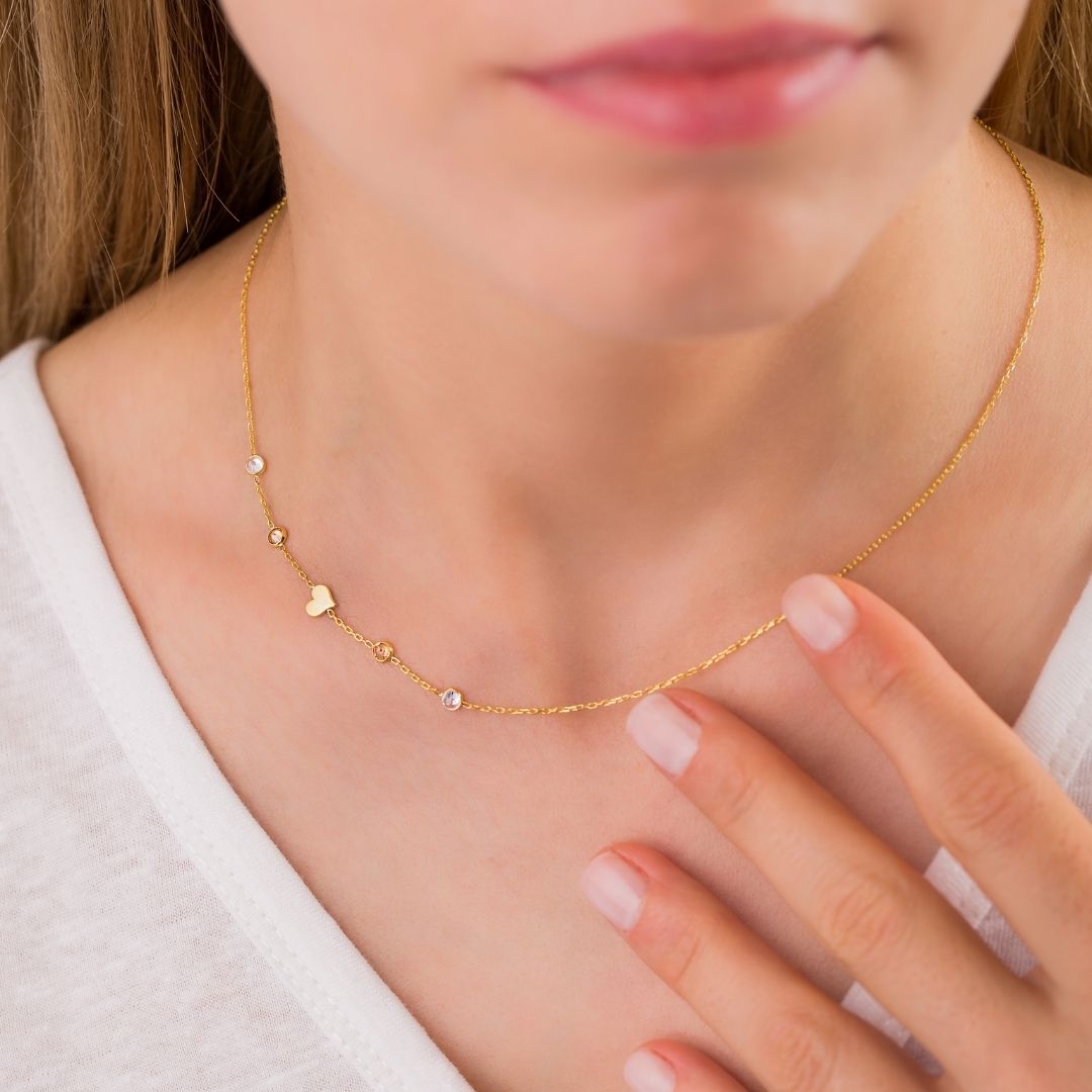 14K Solid Gold Sideways Birthstone & Letter Custom Necklace 