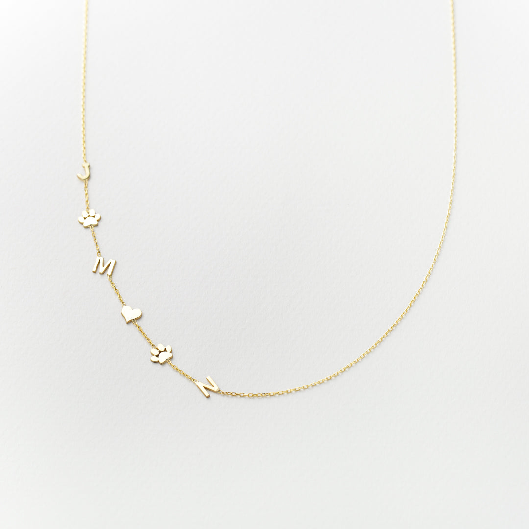 14K Solid Gold Sideways Paw Initial Custom Necklace