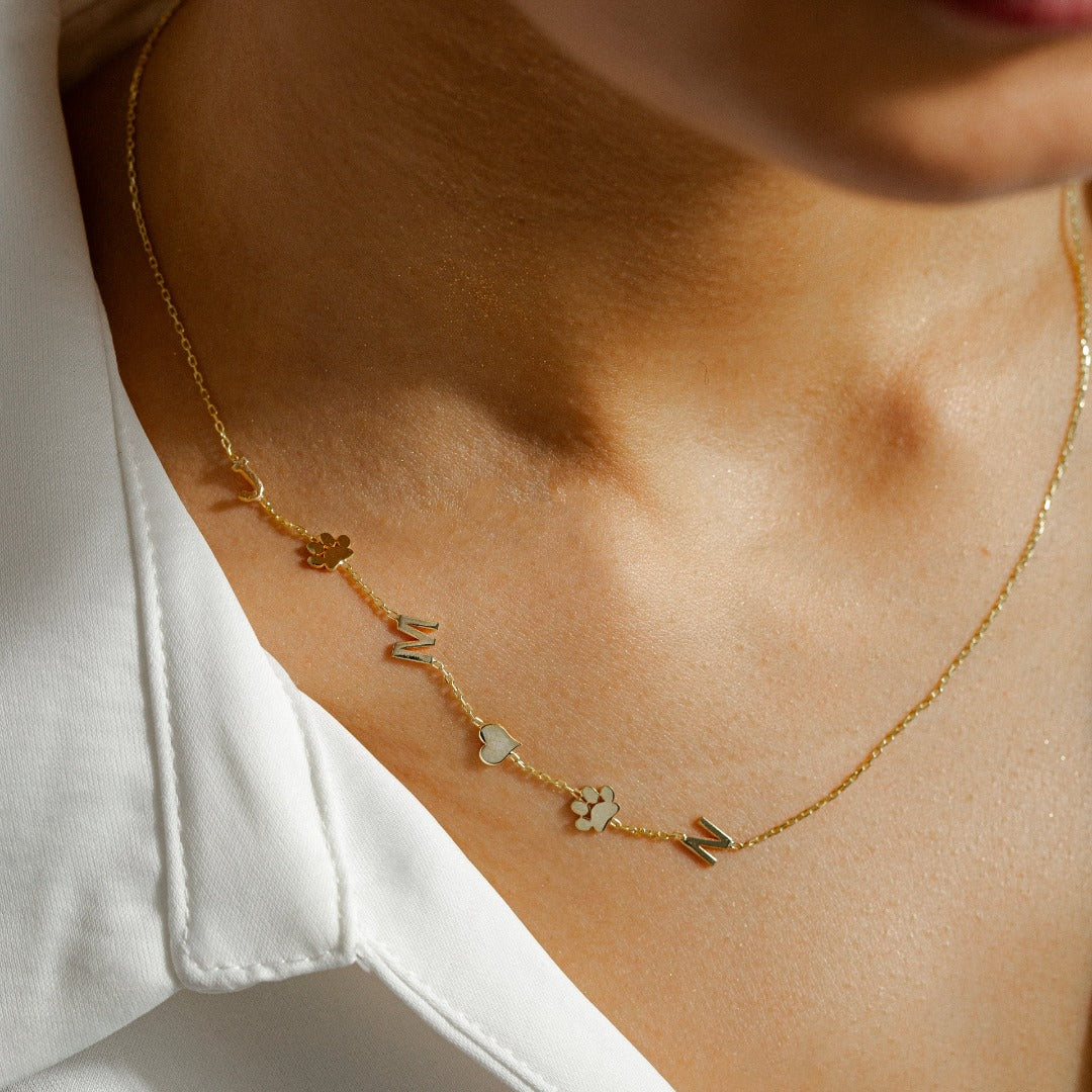 14K Solid Gold Sideways Paw Initial Custom Necklace