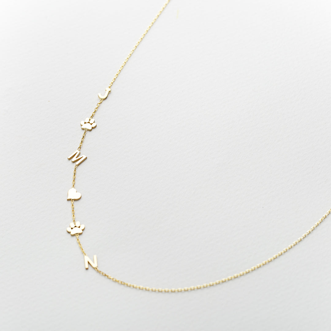 14K Solid Gold Sideways Paw Initial Custom Necklace