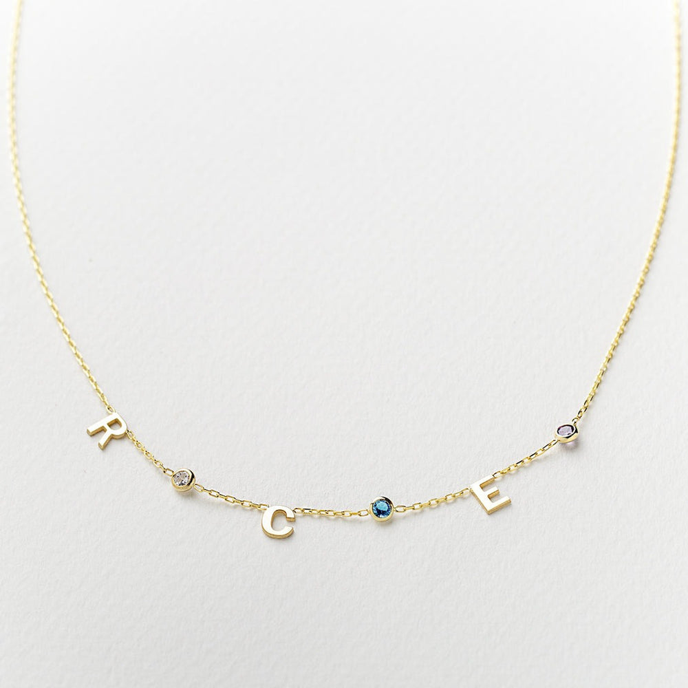 14K Solid Gold Birthstone Letter Necklace