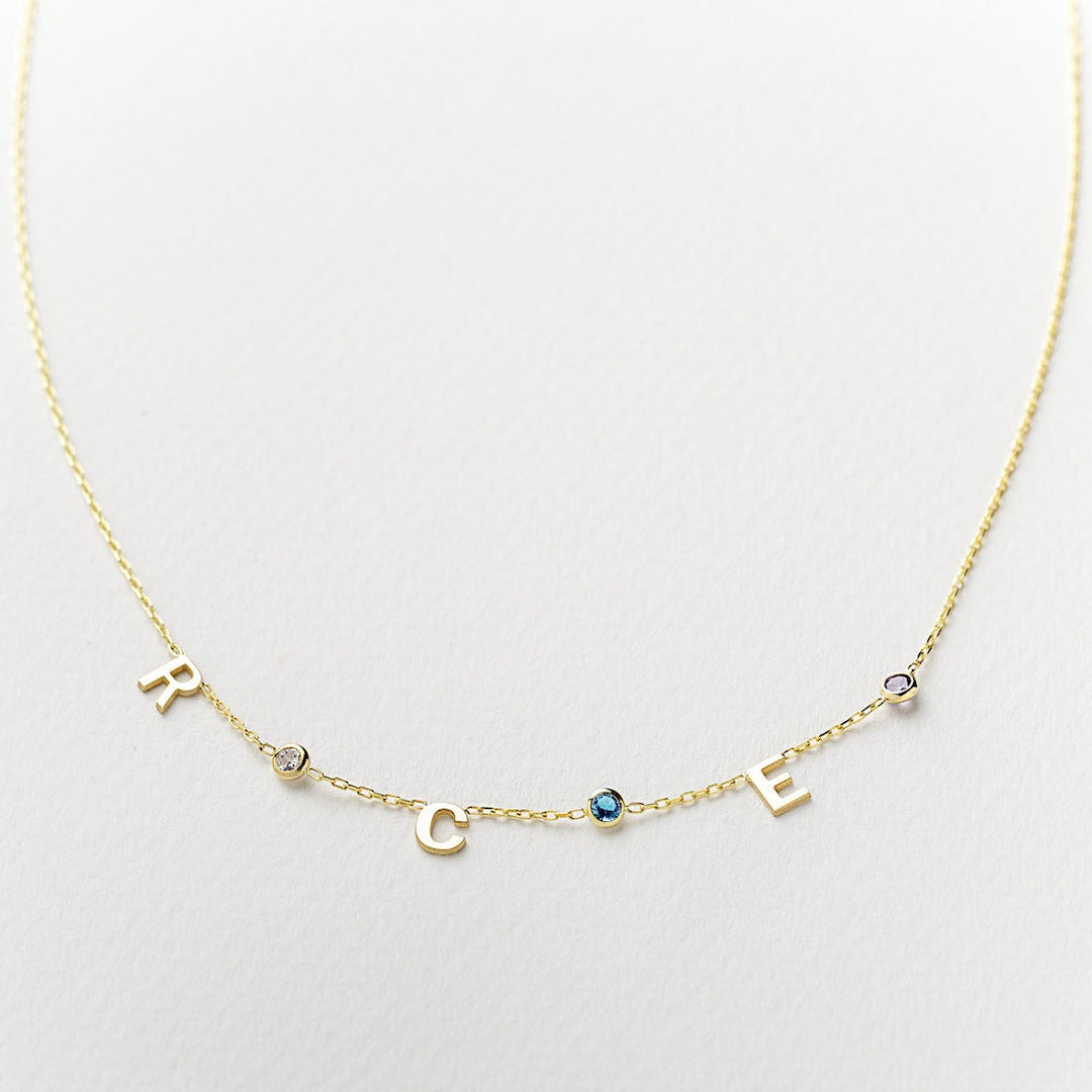 14K Solid Gold Birthstone Letter Necklace