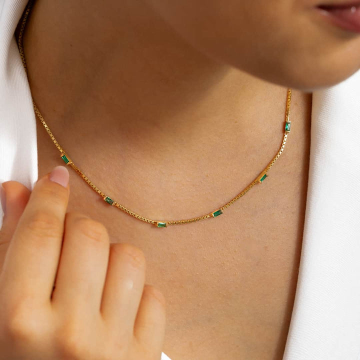 Baguette Birthstone Necklace with Box Chain