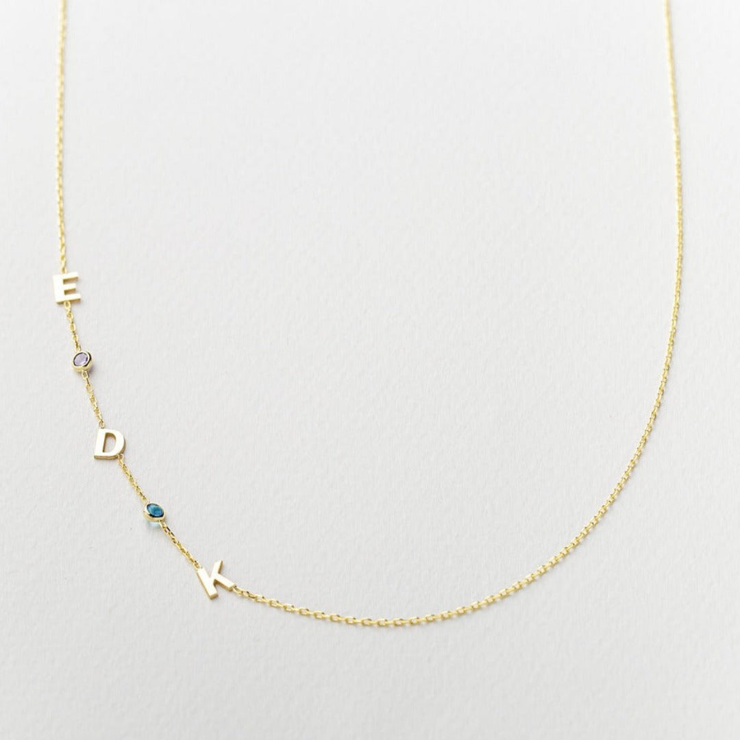 14K Solid Gold Sideways Birthstone and Letter Necklace