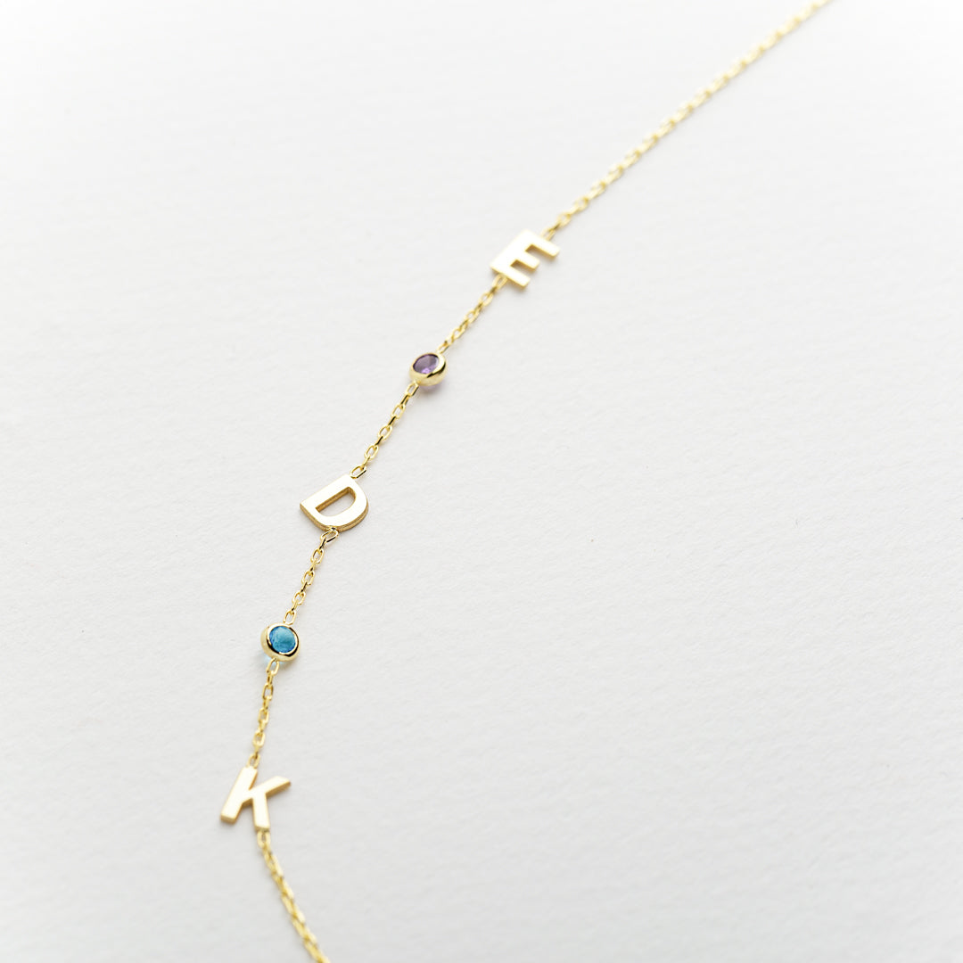 14K Solid Gold Sideways Birthstone and Letter Necklace