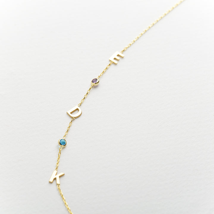14K Solid Gold Sideways Birthstone and Letter Necklace