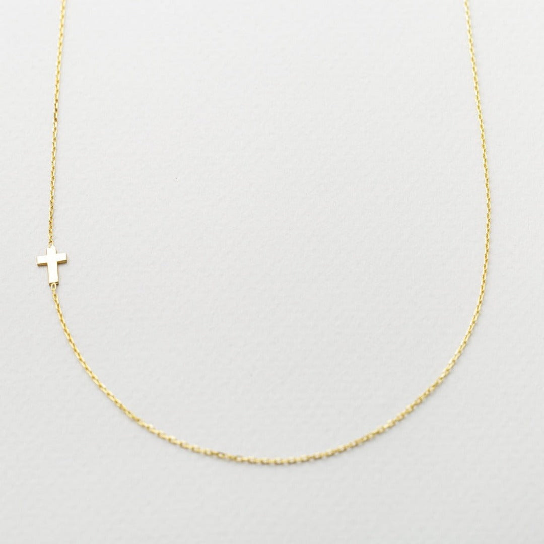 14K Solid Gold Sideways Cross Necklace