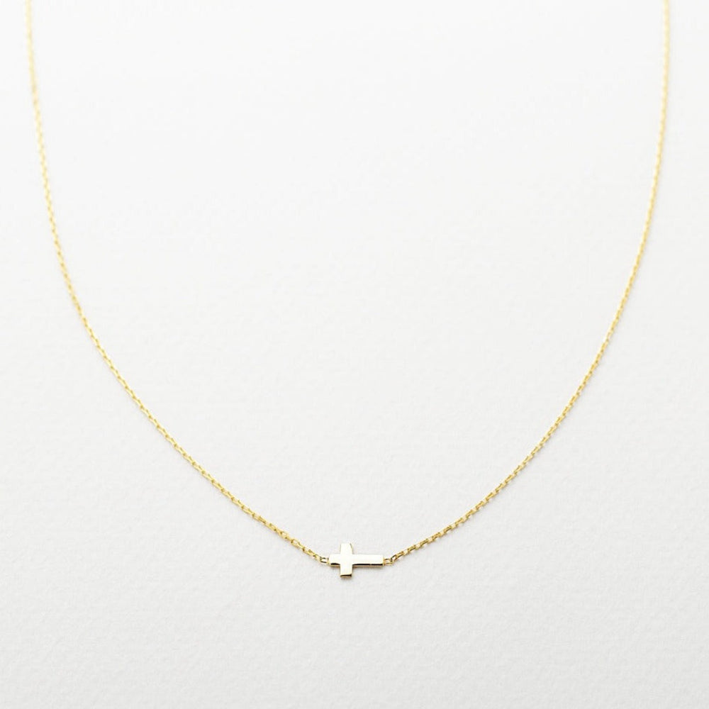 14K Solid Gold Centered Sideways Cross Necklace