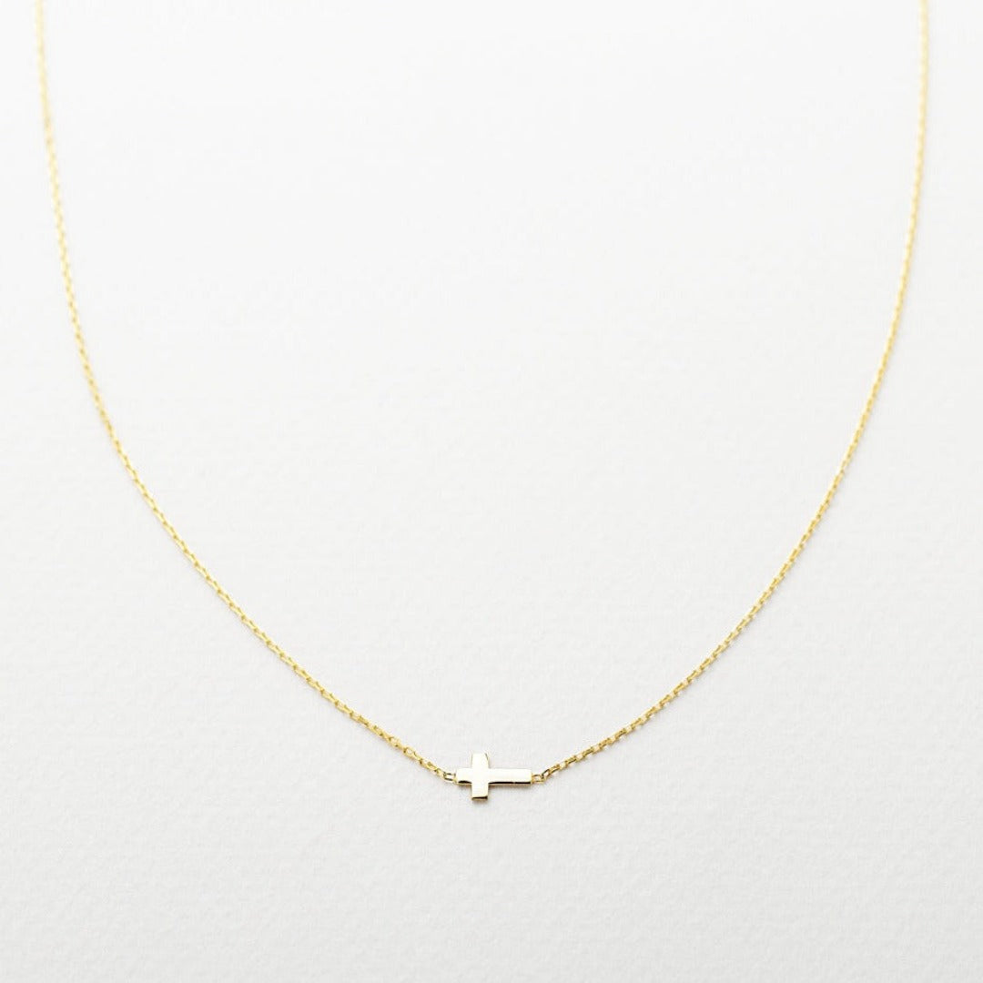 14K Solid Gold Centered Sideways Cross Necklace