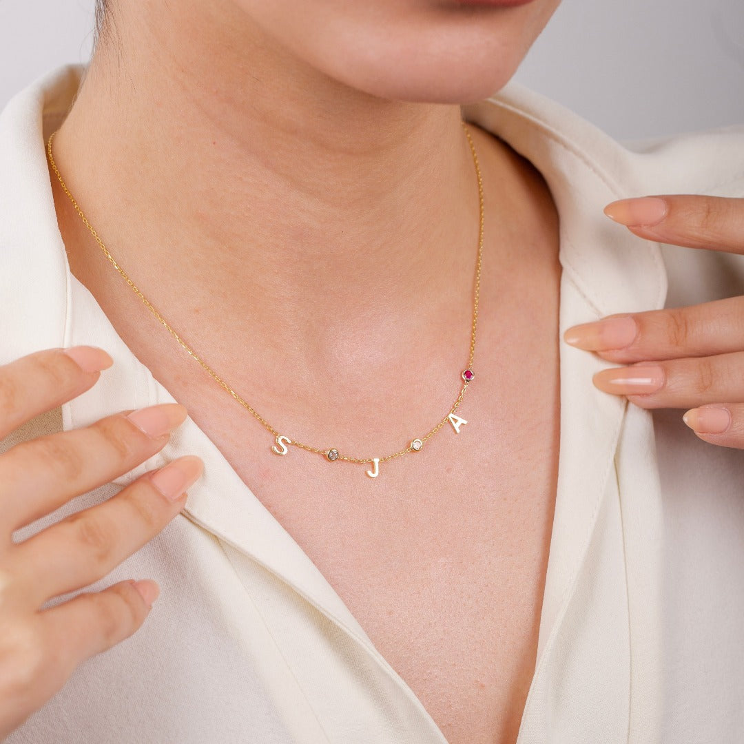 14K Solid Gold Birthstone Letter Necklace