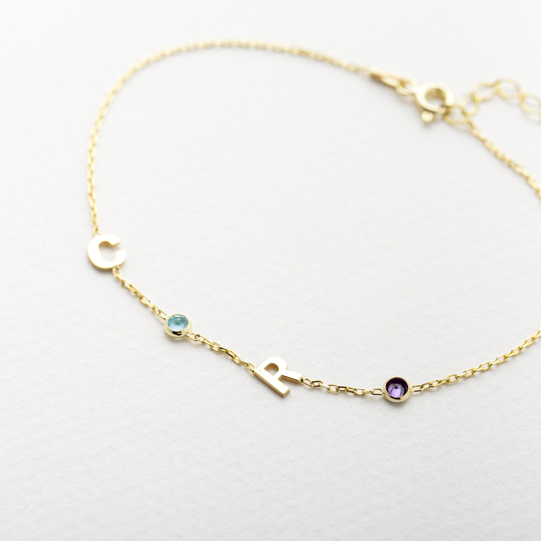 14K Solid Gold Birthstone Letter Bracelet