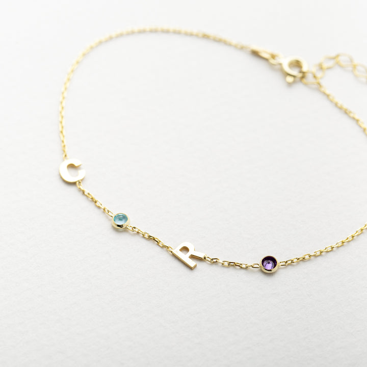 14K Solid Gold Birthstone Letter Bracelet