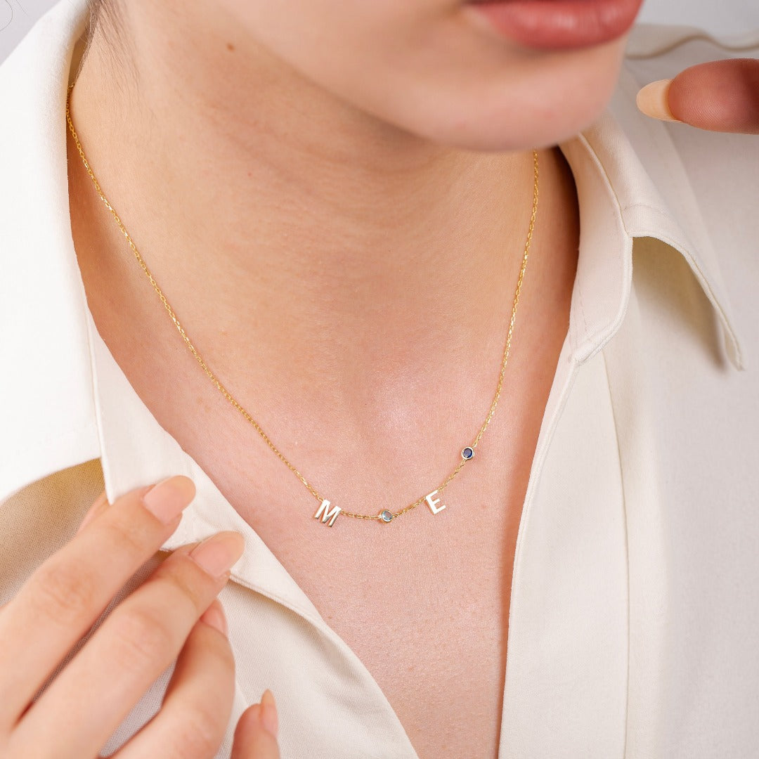 14K Solid Gold Birthstone Letter Necklace