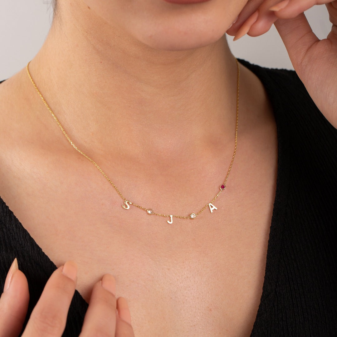 14K Solid Gold Birthstone Letter Necklace