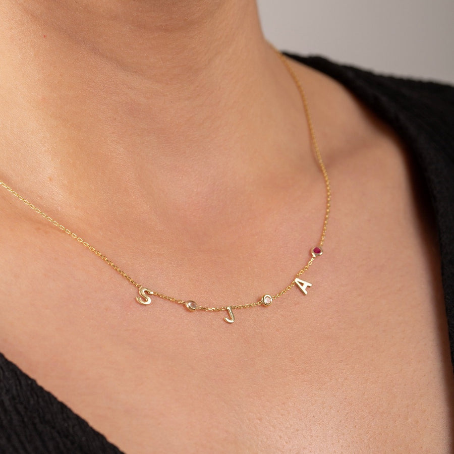 14K Solid Gold Birthstone Letter Necklace