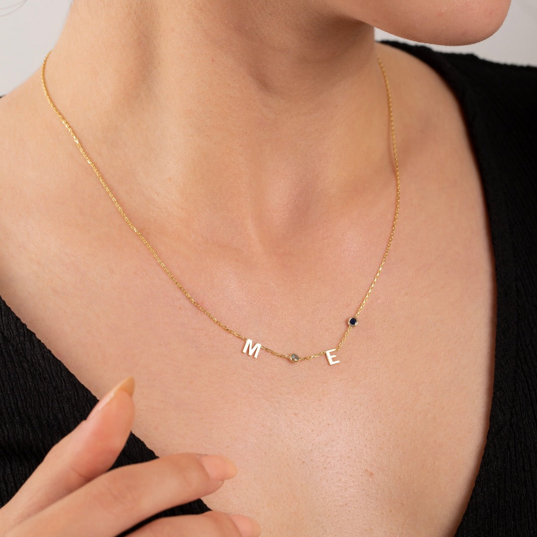 14K Solid Gold Birthstone Letter Necklace