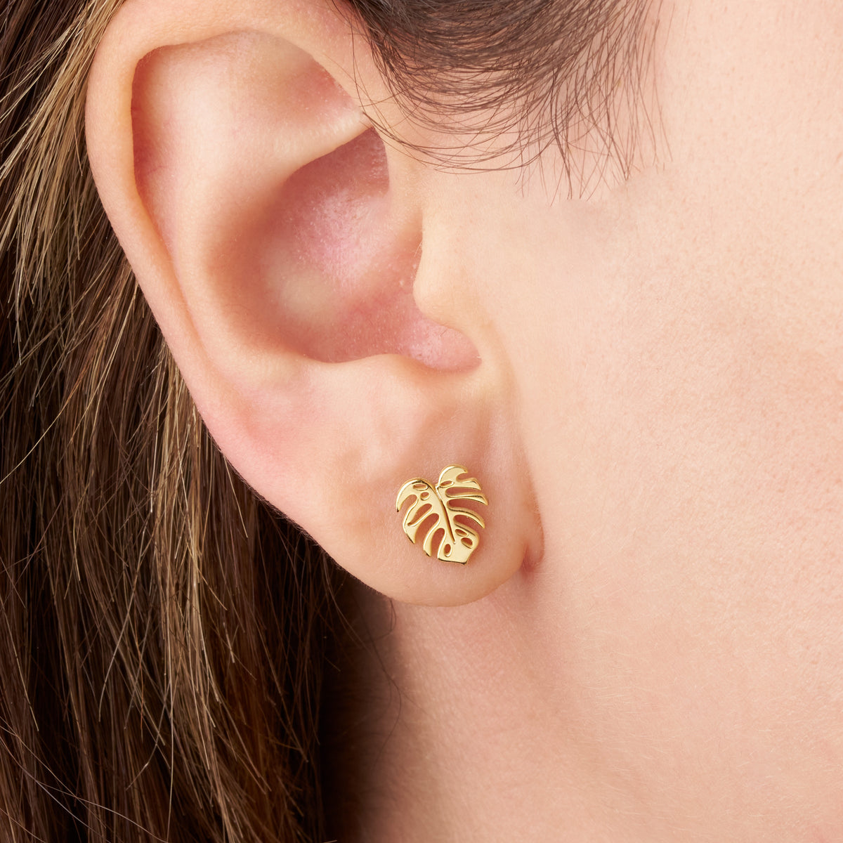 Close-up of a gold monstera leaf stud earring worn on the earlobe