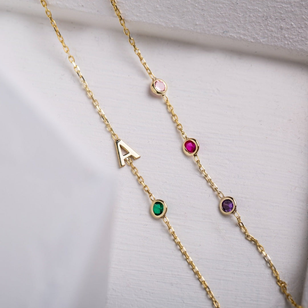 14K Solid Gold Birthstone Letter Bracelet