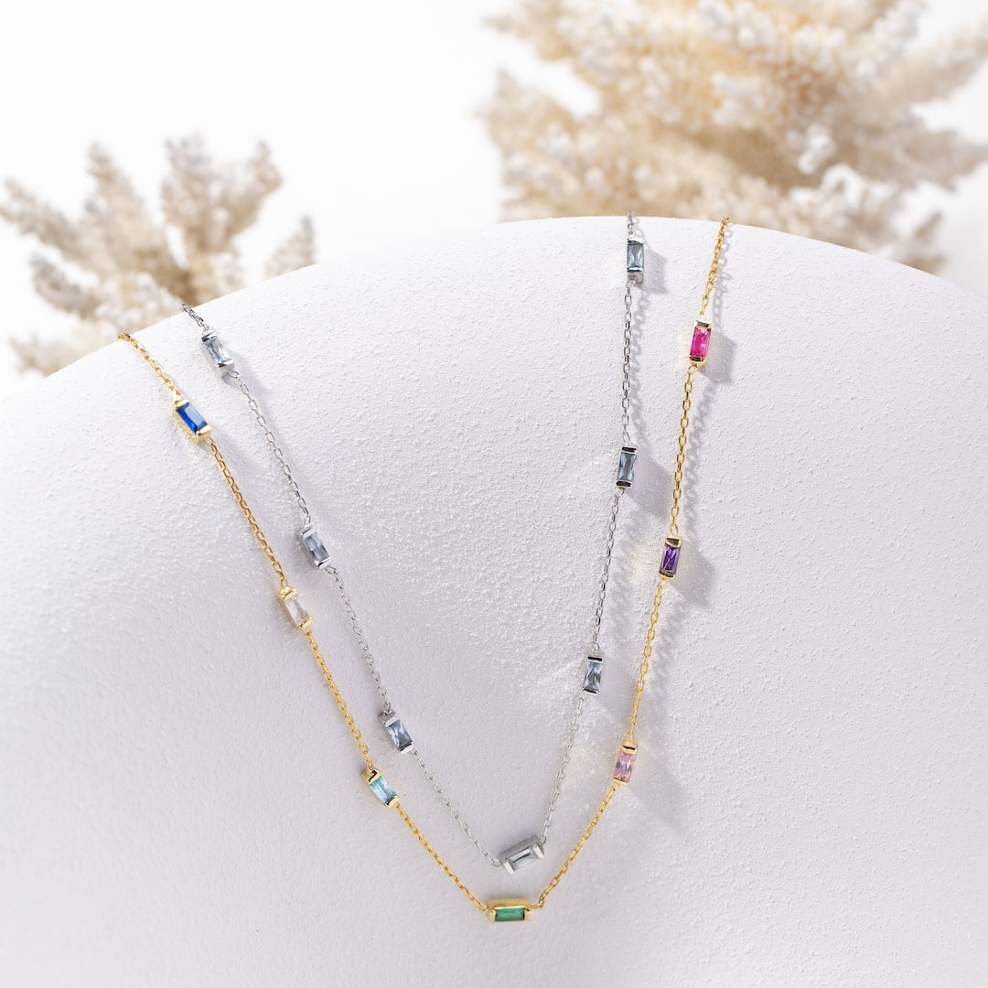 Gold and Silver Baguette Birthstone Necklaces