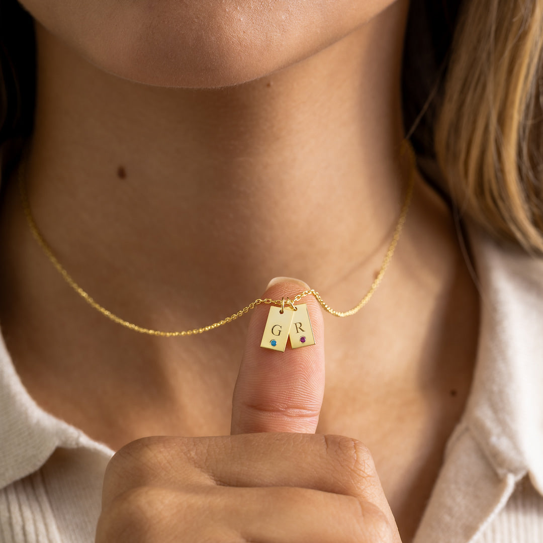 Initial Tag Necklace with Birthstone