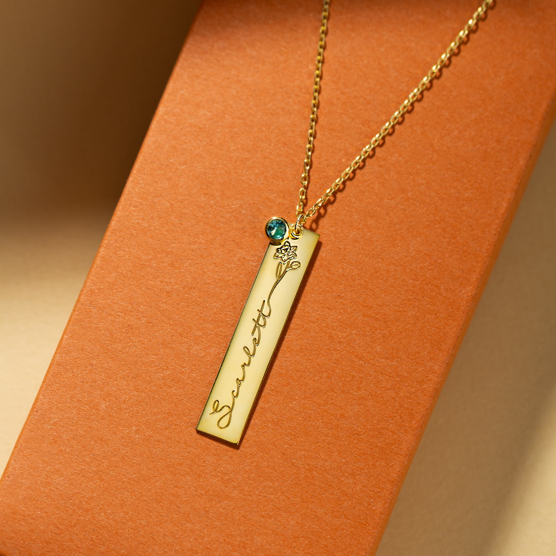 Birthflower Bar Necklace with Name & Birthstone