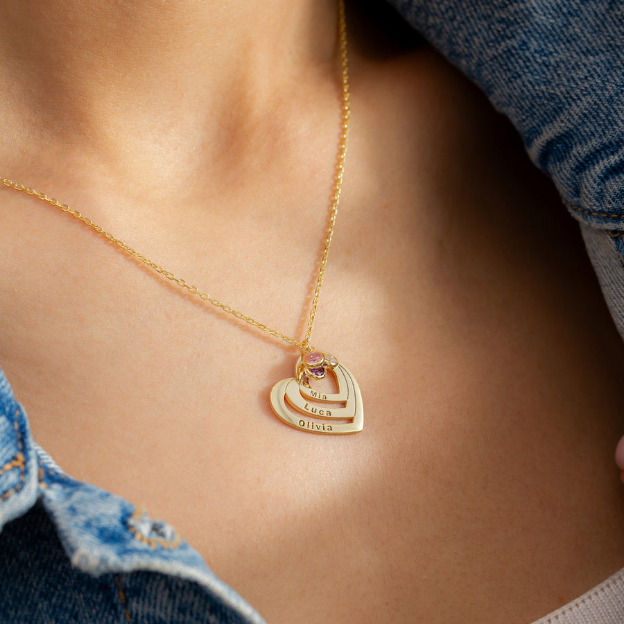 Multiple Name Heart Necklace with Birthstones