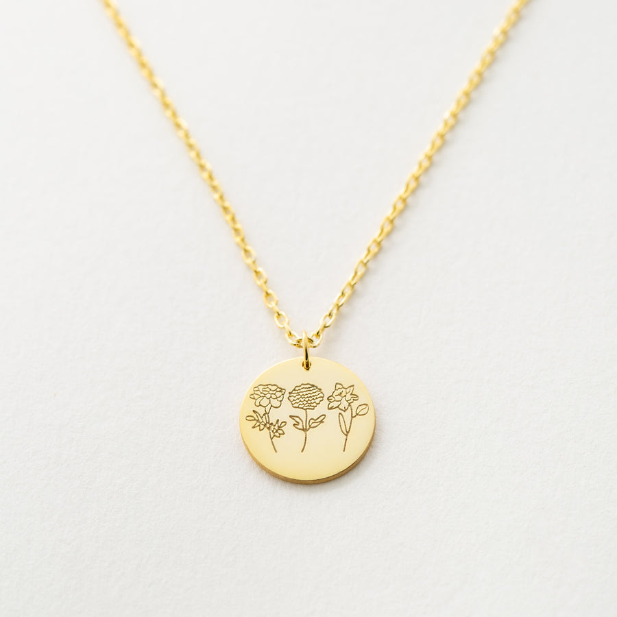 Personalized birth flower disk necklace by Silveristic