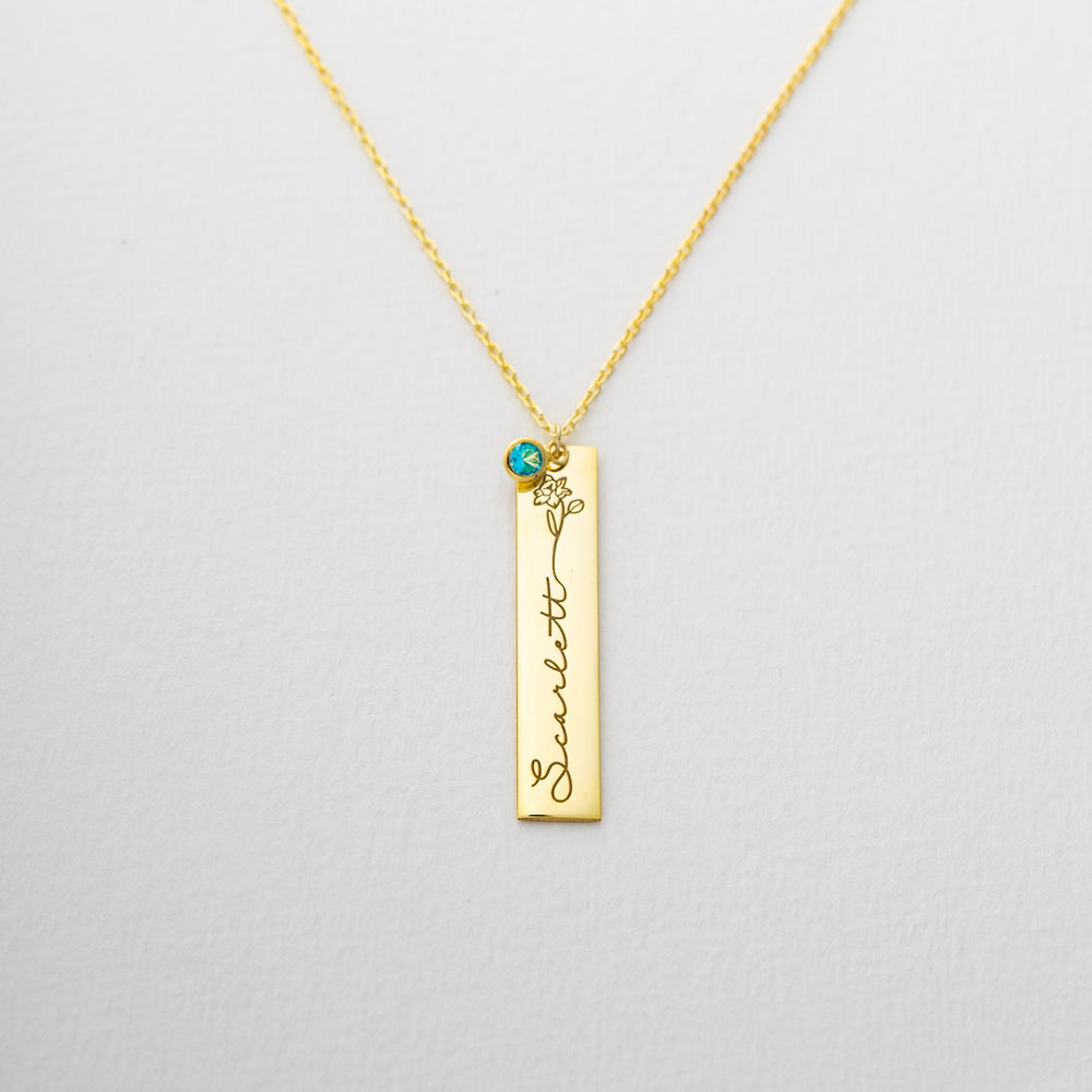 Birthflower Bar Necklace with Name & Birthstone
