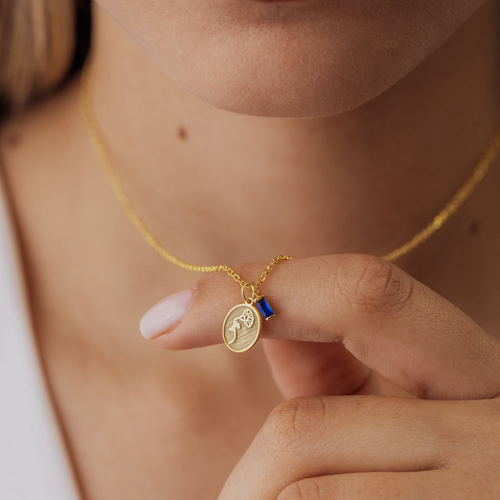 Birthflower Oval Charm and Baguette Birthstone Necklace