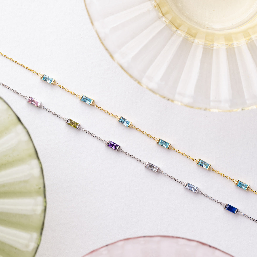 Sterling Silver Baguette Birthstone Bracelet