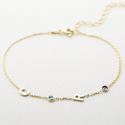 14K Solid Gold Birthstone Letter Bracelet
