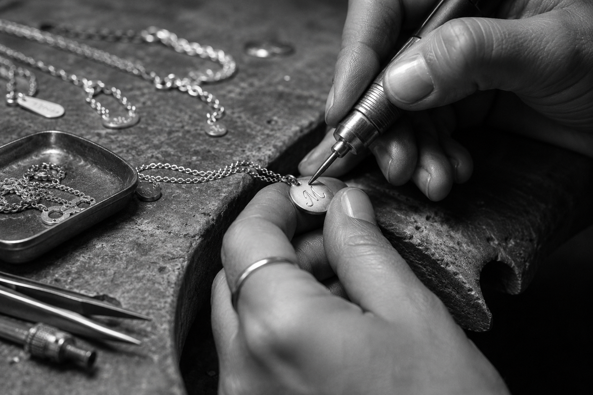 A jeweler hand-engraving an initial on a pendant
