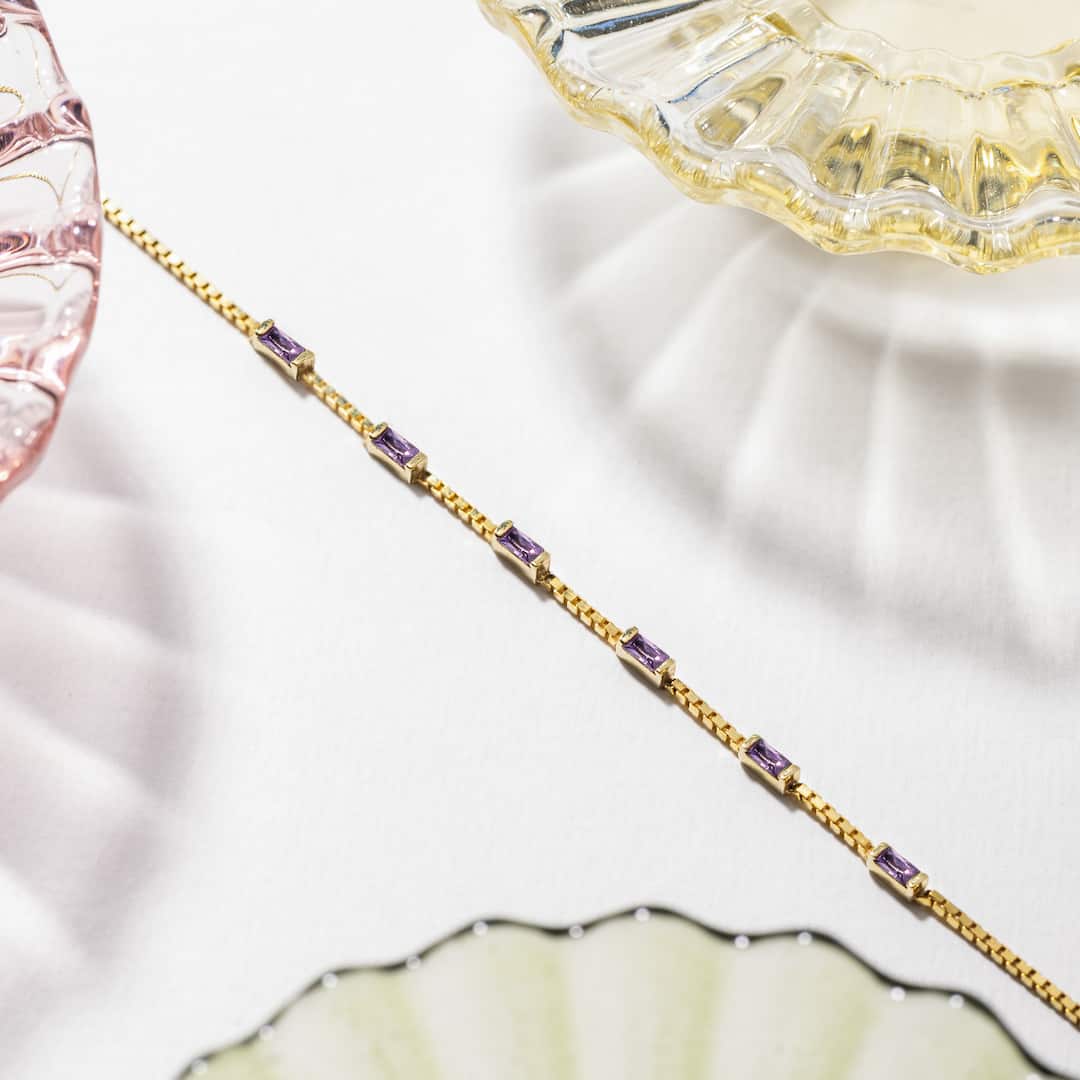 Baguette Birthstone Bracelet with Box Chain