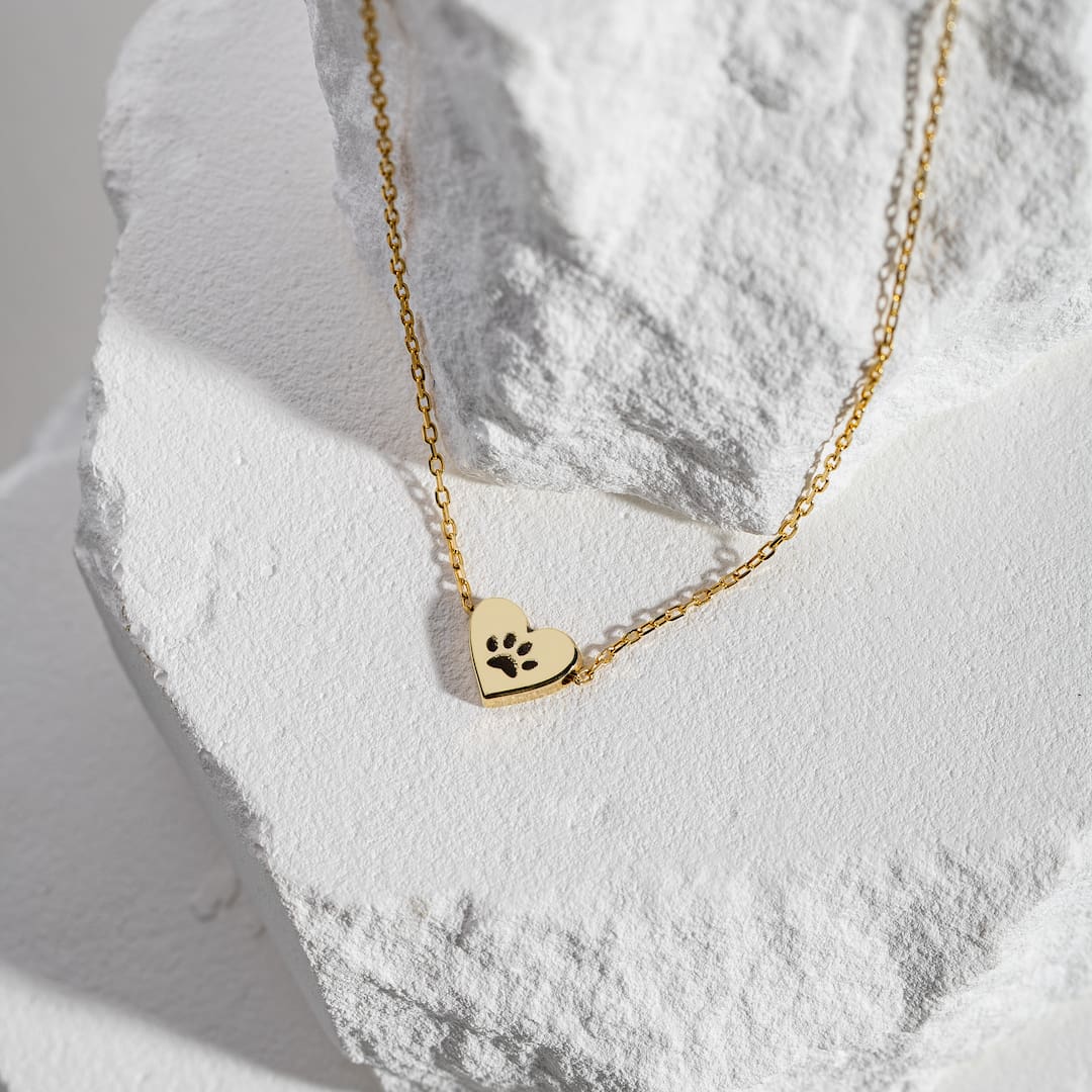 Charm Necklace Double Sided Engraved Heart with Paw and Name