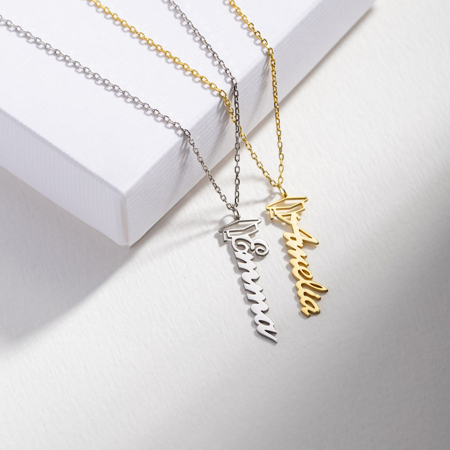 Vertical Graduation Name Necklace with Cap