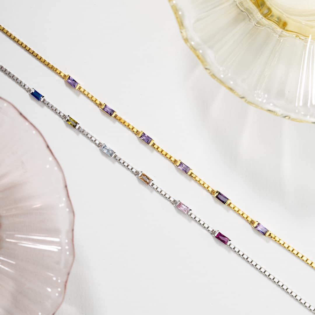 Baguette Birthstone Bracelet with Box Chain