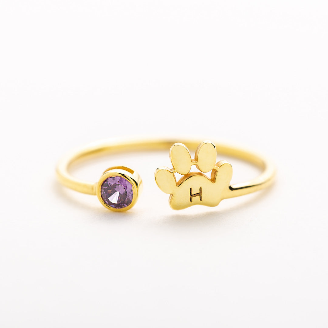 Custom engraved paw birthstone ring