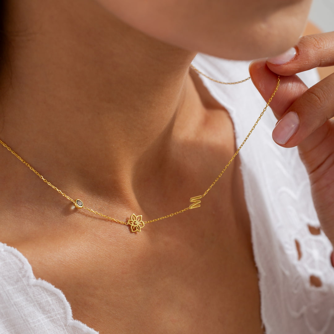 Custom Necklace with Birthflower, Birthstone and Initial
