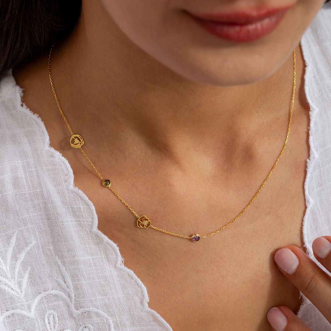 Custom Necklace with Birthflower, Birthstone and Initial