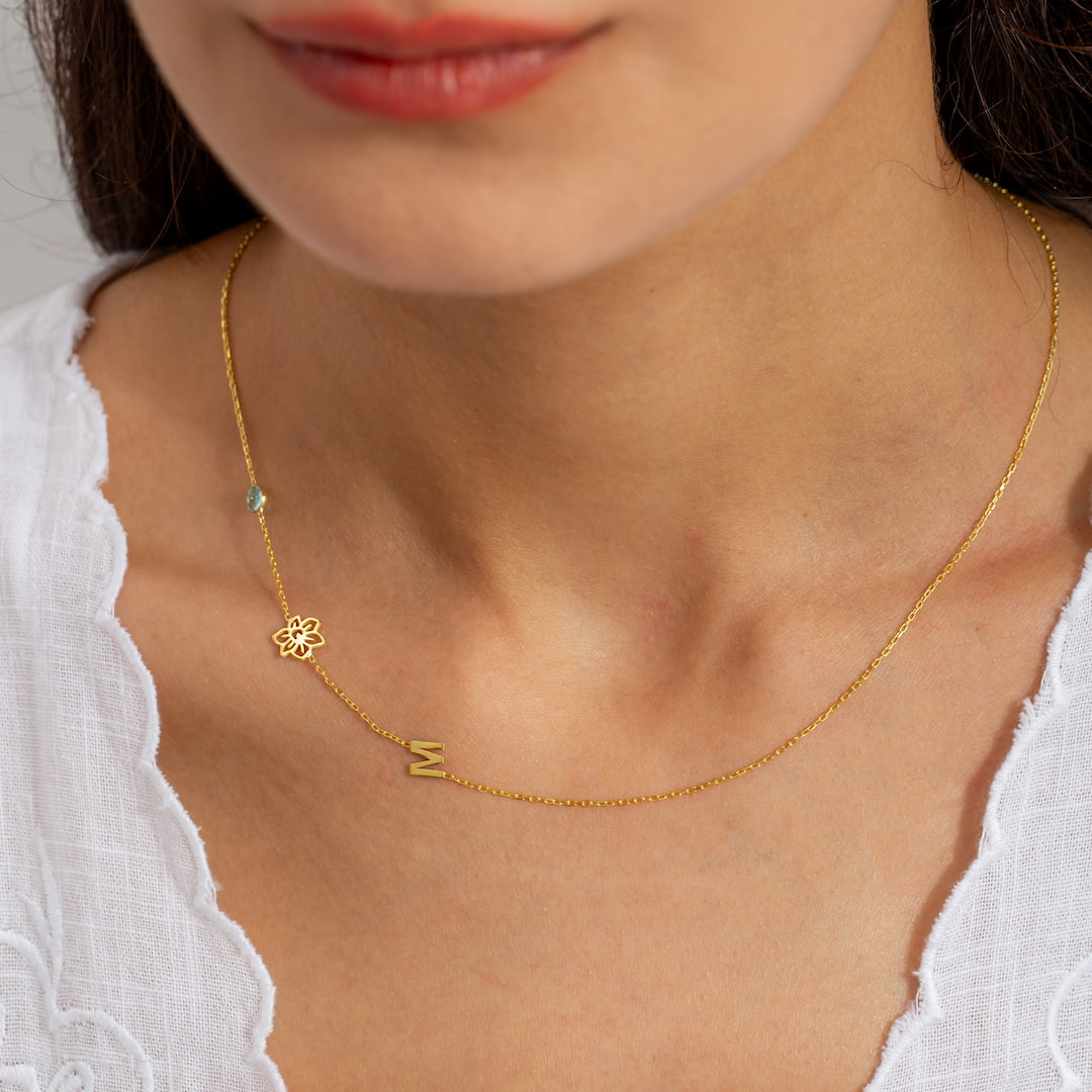 Custom Necklace with Birthflower, Birthstone and Initial
