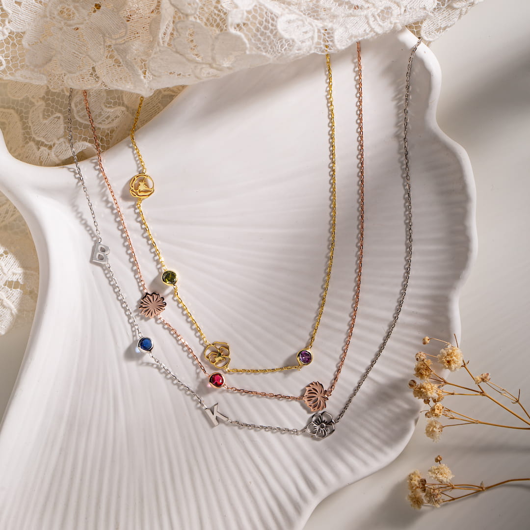 Custom Necklace with Birthflower, Birthstone and Initial